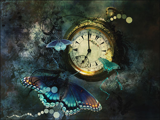 Um relógio antigo e borboletas (Título: 'Wings of Time - One', Autor: 'Selenart')