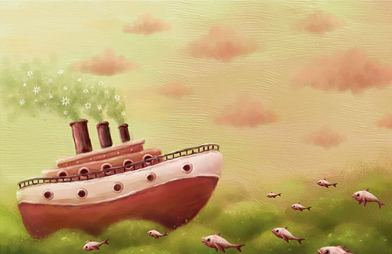 Desenho de um barco cruzando o oceano (Título: A sea..., Autor: Pete Revonkorpi)